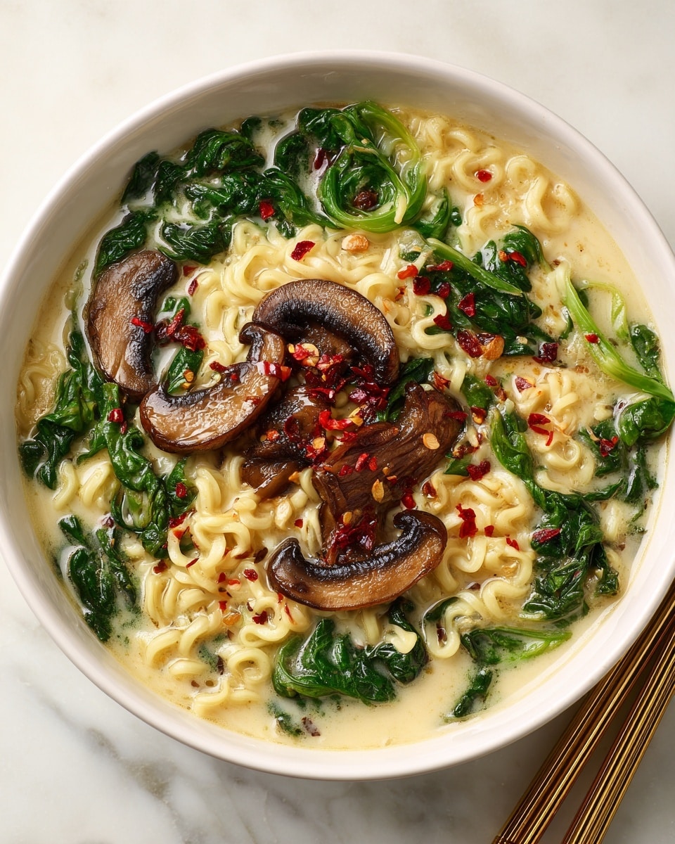 A white bowl filled with creamy broth holding three layers: the bottom layer has light yellow curly ramen noodles, the middle layer includes fresh dark green spinach leaves mixed throughout, and the top layer has several large brown mushroom slices scattered on top. Bright red chili flakes are sprinkled over the entire dish, adding specks of color. The bowl sits on a white marbled surface, with gold chopsticks placed to the right side. photo taken with an iphone --ar 4:5 --v 7