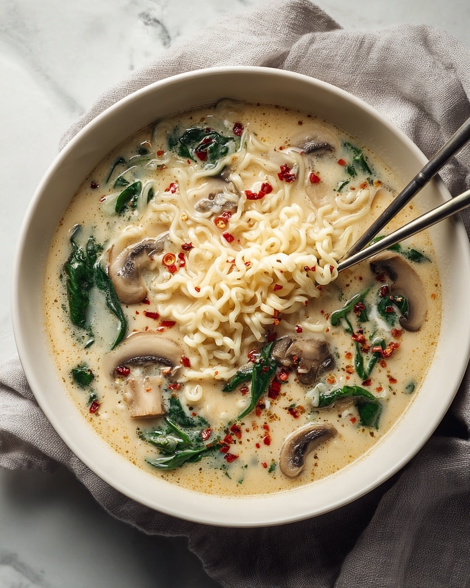 A white bowl filled with creamy broth and soft, curly pale yellow noodles lifted by metal chopsticks on the right side. The soup contains layers of dark green spinach leaves and light brown mushroom slices scattered throughout, floating in the rich, light beige soup. Small red chili slices and red pepper flakes are sprinkled on top, adding bright red spots. The bowl sits on a soft gray cloth over a white marbled surface. photo taken with an iphone --ar 4:5 --v 7
