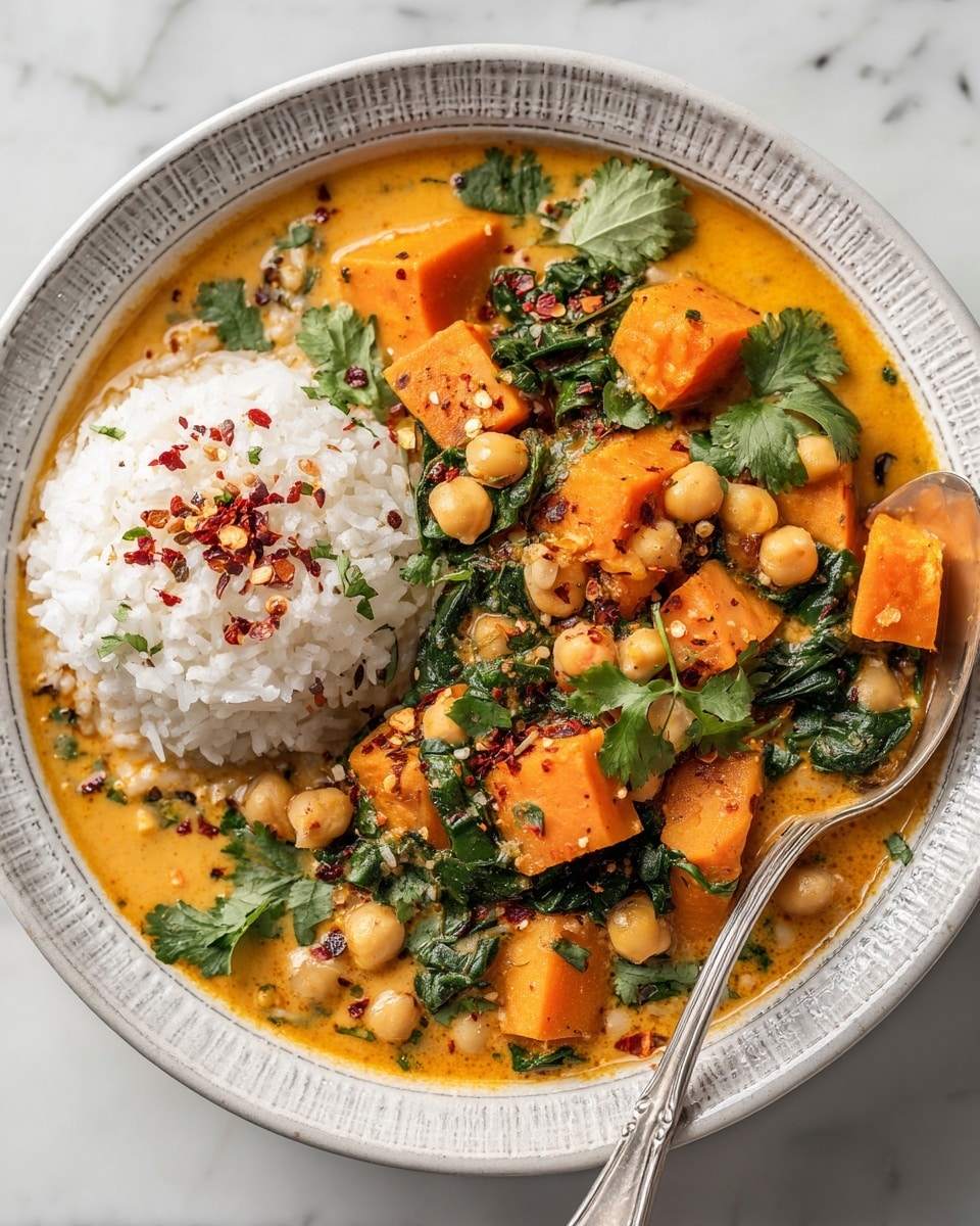 A bowl filled with a thick orange stew containing soft, irregular cubes of bright orange sweet potato mixed with round, light tan chickpeas and dark green leafy spinach pieces, topped with chopped fresh green cilantro. On one side of the bowl, there is a neat mound of white rice sprinkled lightly with red chili flakes and dried herbs. A silver spoon rests on the right edge of the bowl, partly submerged in the stew. The bowl is white with a textured gray rim, placed on a white marbled surface. photo taken with an iphone --ar 4:5 --v 7