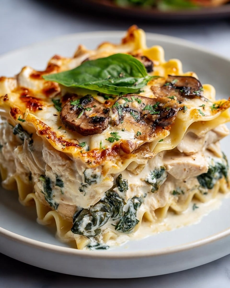 A close-up of a three-layer lasagna slice on a white round plate, placed on a white marbled surface. The bottom layer is creamy with chunks of cooked chicken and dark green spinach leaves, the middle layer shows wide, wavy-edged pale yellow pasta sheets with a similar creamy chicken-spinach mix, and the top layer is browned, melted cheese with sliced cooked mushrooms and sprinkled green herbs, crowned with one fresh basil leaf. The edges of the pasta are slightly crispy and golden, and the slice looks rich and soft. Photo taken with an iphone --ar 4:5 --v 7