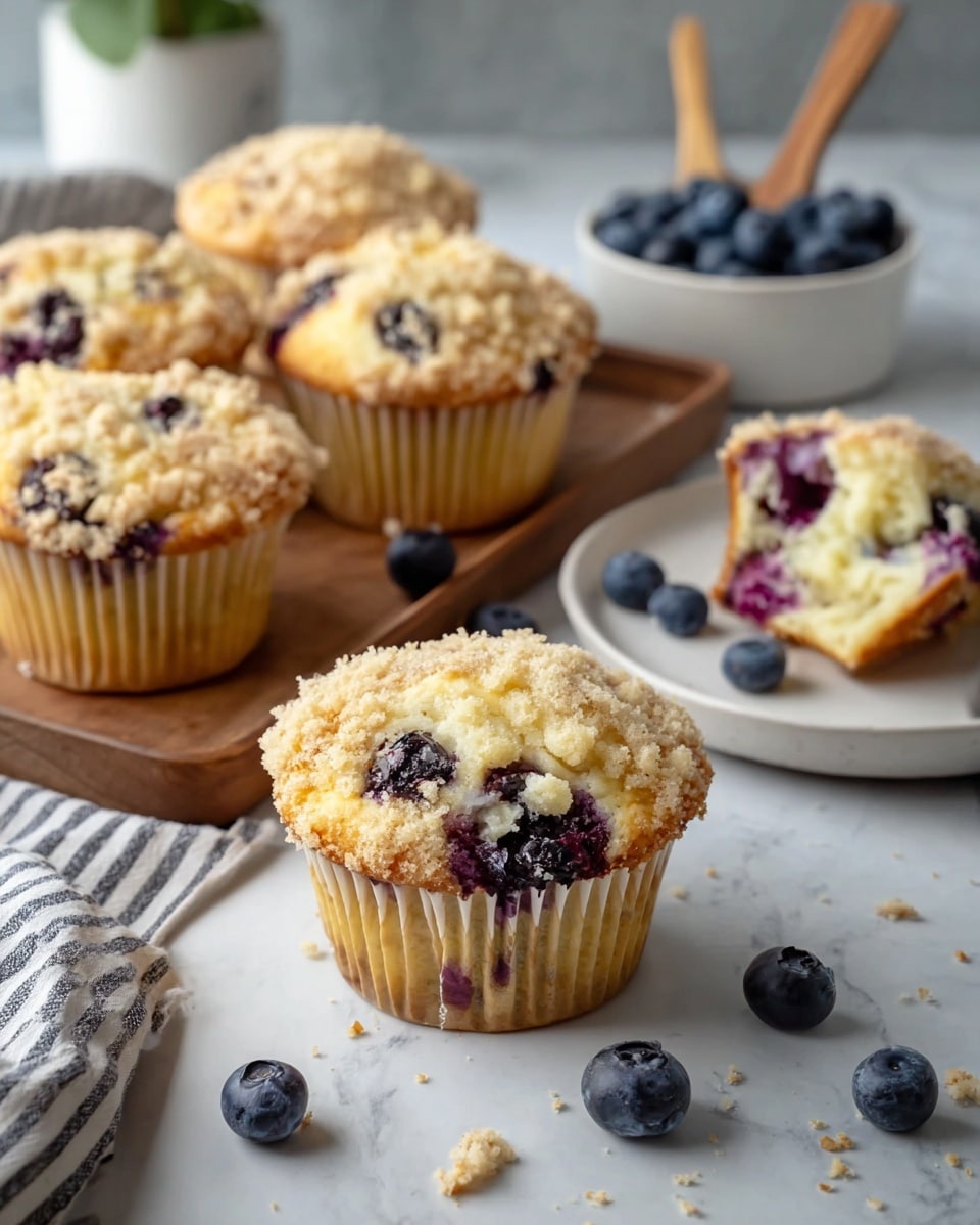 The image shows several blueberry muffins with a crumbly golden-brown top and creamy filling inside, each muffin wrapped in pale yellow paper liners. In the front, one muffin is close-up with visible dark blue blueberries inside and crumb bits around it on a white marbled surface. Behind, four muffins sit on a wooden tray partially covered by a striped white cloth. To the right, a white plate holds a half-eaten muffin with visible blueberries in the creamy center. Scattered blueberries and crumbs are around the scene, and a blurred white bowl of blueberries with a wooden spoon stands in the background. photo taken with an iphone --ar 4:5 --v 7