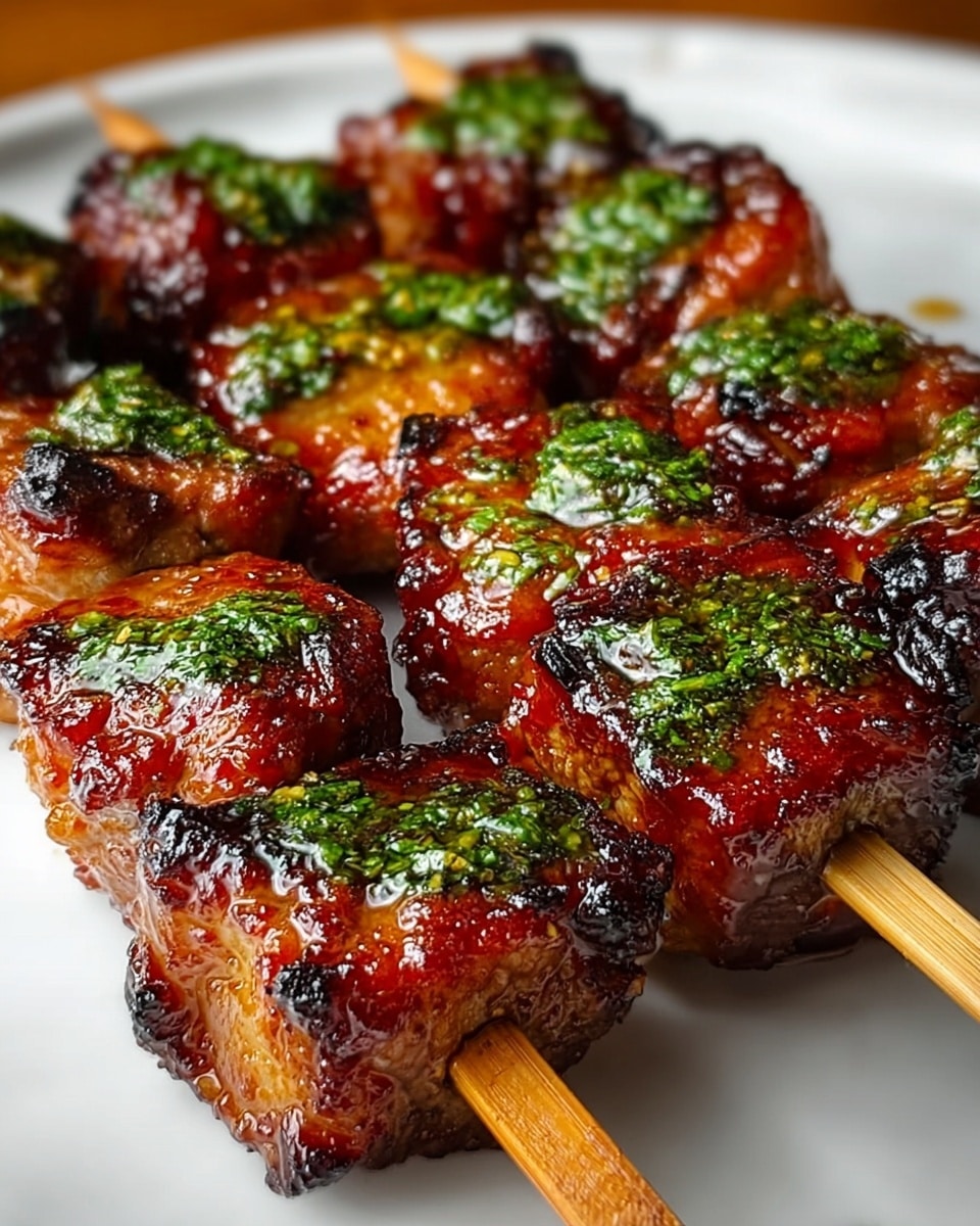 Two wooden skewers hold several pieces of grilled meat with a shiny, caramelized red-brown glaze and slightly burnt edges. Each piece is square and thick, showing a juicy texture under the glaze. Bright green herb sauce is lightly spread on top of the meat pieces, adding a fresh color contrast. The skewers rest on a smooth, white plate placed on a white marbled surface. Photo taken with an iphone --ar 4:5 --v 7