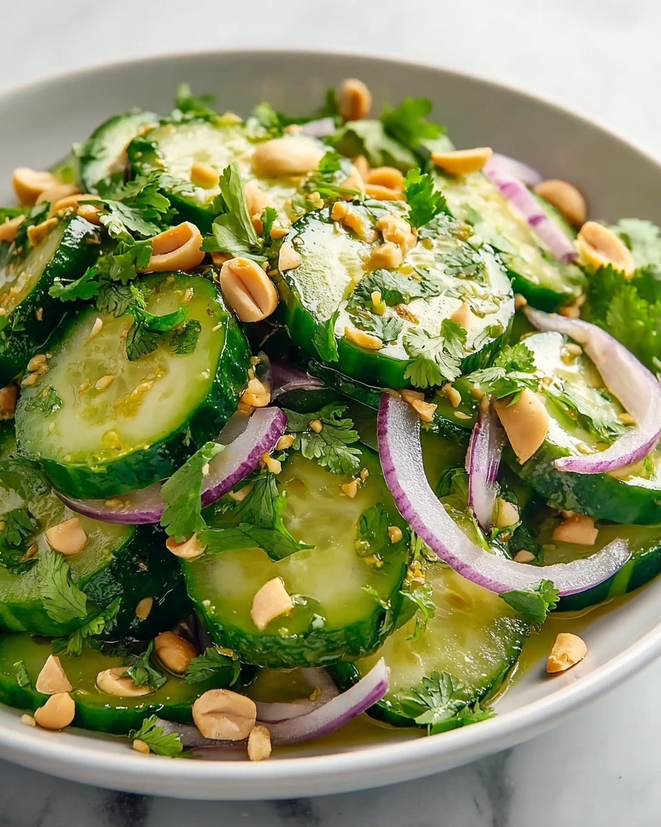 A fresh salad in a white bowl on a white marbled surface features thick green cucumber slices making up the main layer. Thin crescent-shaped purple onion slices are mixed evenly throughout the cucumbers, adding a splash of bright color. On top, chopped green cilantro leaves and whole light brown peanuts are scattered, creating a textured and crunchy look. The dressing glistens lightly over the ingredients, enhancing the freshness and slight shine of the salad. Photo taken with an iphone --ar 4:5 --v 7