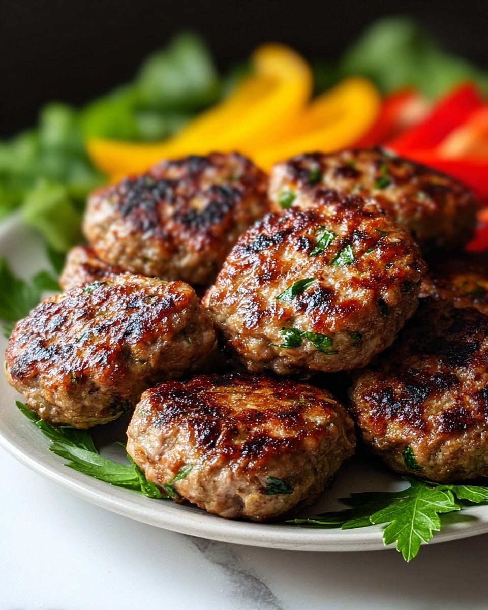 The image shows a close-up of seven grilled meat patties that are golden brown with a slight char, cooked with visible green herbs mixed inside. They are arranged closely on a round white plate, with some fresh green parsley leaves peeking out underneath and around the patties. In the background, there are blurred slices of yellow and red bell peppers and some leafy greens, adding a touch of color contrast. The scene is set on a white marbled surface, giving a clean and fresh look. photo taken with an iphone --ar 4:5 --v 7