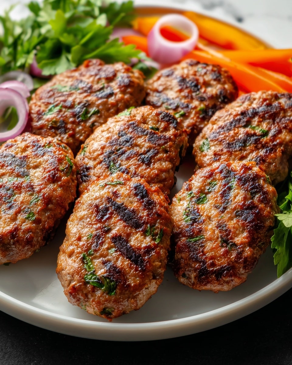 The image shows six grilled meat patties, each oval shaped with a slightly rough texture, a golden-brown color marked with darker charred spots, and small green herb bits spread throughout. The patties are lined up in two rows on a white plate. Behind the patties, there are colorful fresh slices of vegetables including bright orange carrot sticks, red and white onion chunks, and leafy green herbs scattered around. The plate rests on a white marbled surface. The overall scene is bright and detailed, focusing mainly on the juicy, textured patties. photo taken with an iphone --ar 4:5 --v 7