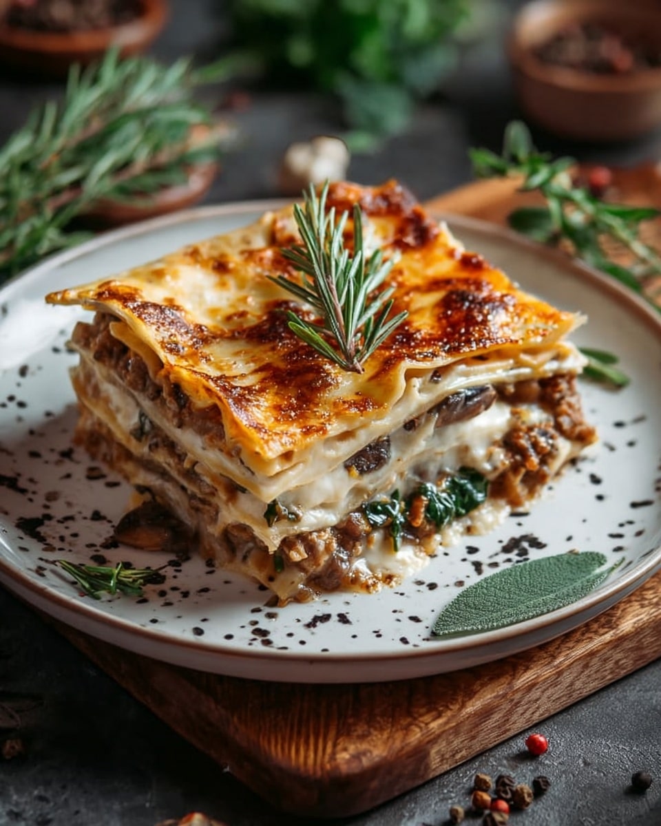 A piece of lasagna with four visible layers sits on a white plate with dark speckles; the top layer is golden brown and bubbly cheese with a sprig of green rosemary in the center, the next layers show creamy white sauce, brown minced meat mixed with mushrooms and bits of spinach with a slightly oily shine, and pasta sheets with slightly crisped edges. The plate is on a wooden board with scattered green herbs around. The background shows more herbs and peppercorns. Photo taken with an iphone --ar 4:5 --v 7