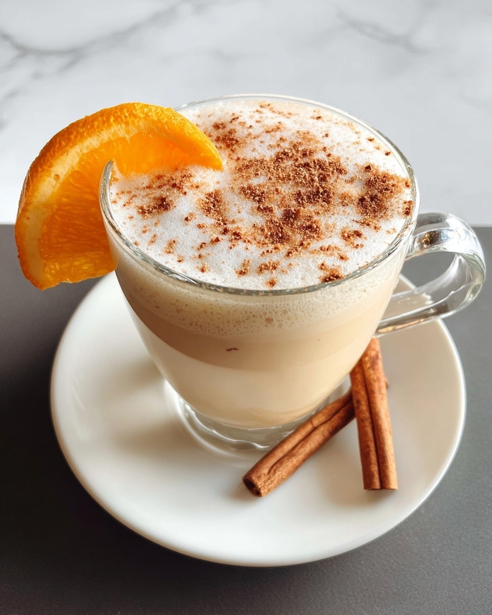 A clear glass cup with a handle holds a creamy light beige drink topped with a thick layer of white foam sprinkled with brown cinnamon powder. A bright orange slice is placed on the left edge of the cup, while a single cinnamon stick rests on a white saucer underneath the cup. The cup and saucer sit on a white marbled surface. photo taken with an iphone --ar 4:5 --v 7