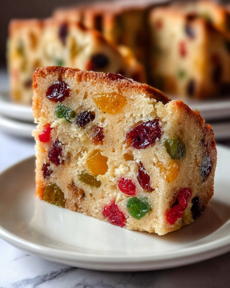 A close-up view of a single slice of fruitcake on a white plate, showing a soft, light beige cake base dotted with colorful dried fruit pieces in red, green, yellow, and deep purple spread evenly throughout. The texture looks moist and crumbly with a slight golden-brown crust on the outer edge. In the blurry background, more slices of the same fruitcake rest on white plates, all set on a surface with a white marbled texture. The lighting highlights the glossy, vibrant dried fruit embedded in the cake. Photo taken with an iphone --ar 4:5 --v 7