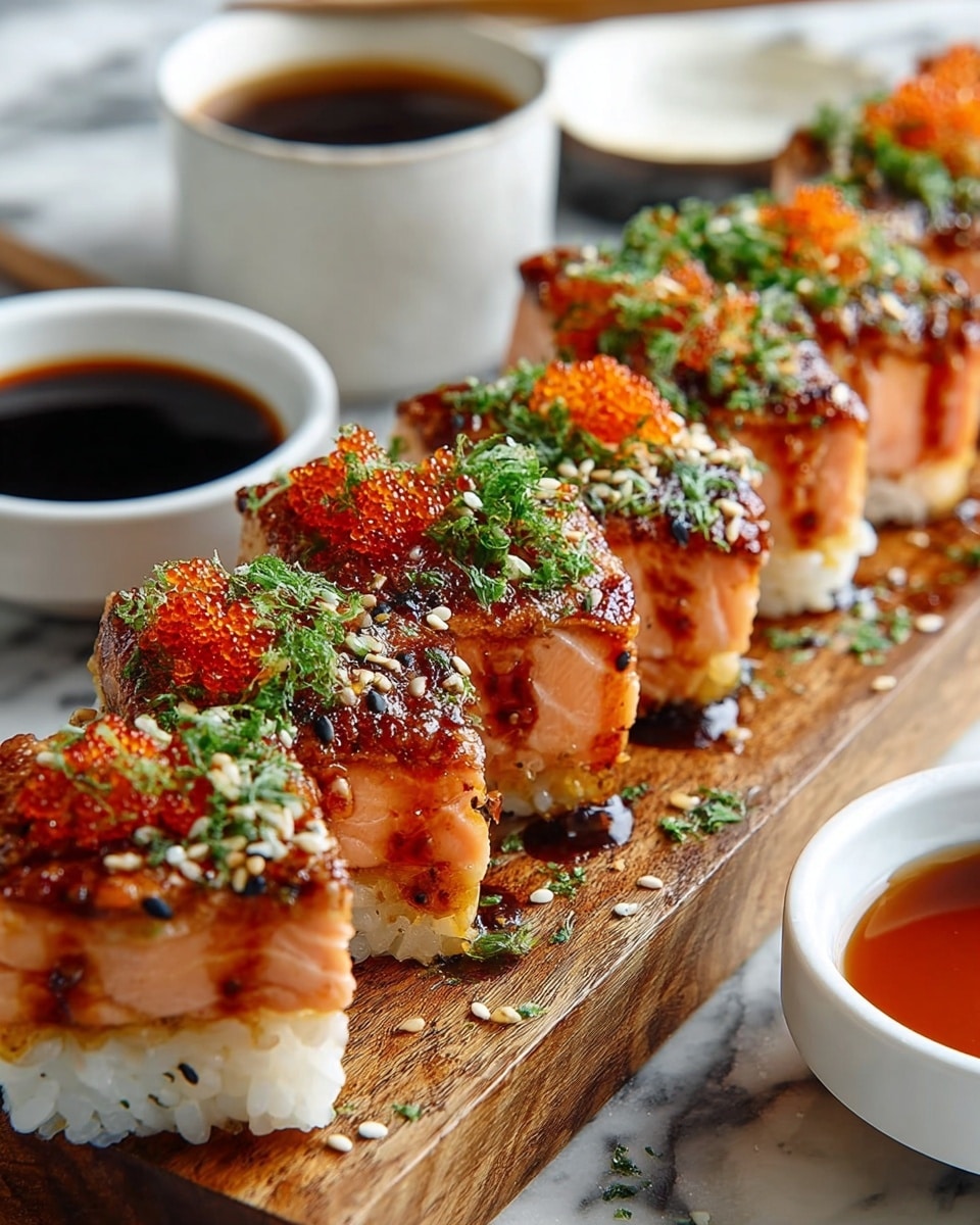 The image shows a row of thick sushi pieces arranged closely on a wooden board. Each piece has three main layers: a bottom layer of white sticky rice, a middle layer of slightly seared pink salmon, and a top layer covered with a shiny dark brown glaze. On top, there are bright orange fish eggs, sprinkled white and black sesame seeds, and finely chopped green herbs adding color contrast. Around the board, there are white bowls filled with dark soy sauce and light brown sauce, all set on a white marbled surface. Photo taken with an iphone --ar 4:5 --v 7