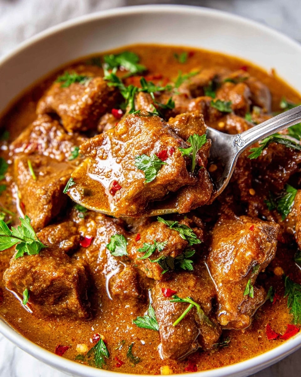 The image shows a close-up of a stew in a white bowl, filled with several chunks of brown meat covered in a thick, rich brown sauce. The sauce has a glossy, smooth texture with visible bits of spices and herbs. Bright green parsley leaves are scattered on top, adding a fresh contrast to the warm colors of the stew. Red chili flakes are sprinkled over the meat and sauce, giving a hint of spice. A silver spoon is scooping up a portion of the stew, resting inside the bowl and showing the hearty, chunky texture of the dish. The bowl sits on a white marbled texture. photo taken with an iphone --ar 4:5 --v 7
