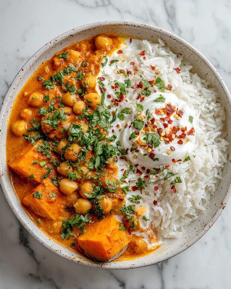 A close-up of a bowl filled with two main layers: on the right side, fluffy white rice with separate grains, and on the left side, a thick orange curry with visible chunks of sweet potato and whole chickpeas mixed in. The curry layer is creamy with a slightly rough texture and is topped with bright green chopped herbs and a small dollop of white cream in the center sprinkled with red chili flakes. The bowl is white with a speckled interior and the surface beneath is a white marble texture. photo taken with an iphone --ar 4:5 --v 7