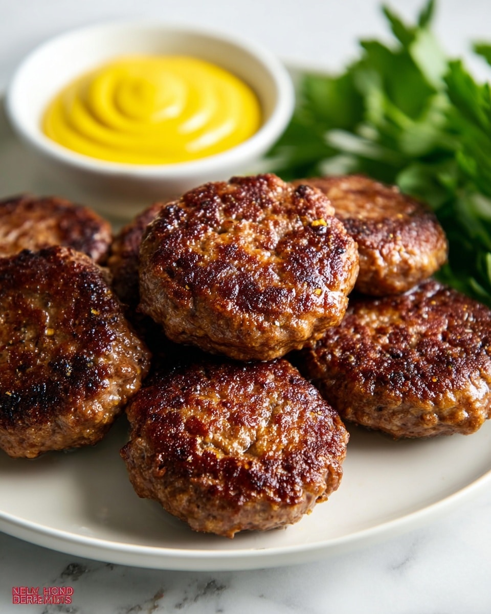 A white plate holds six round, browned meat patties with a crispy, slightly shiny surface showing small bits of seasoning and a juicy texture. Behind the patties, there is a small white bowl filled with bright yellow mustard sauce that has a smooth, swirled top. Some green leafy herbs are placed near the meat patties, adding a touch of freshness to the scene. The dish is set on a white marbled surface. photo taken with an iphone --ar 4:5 --v 7