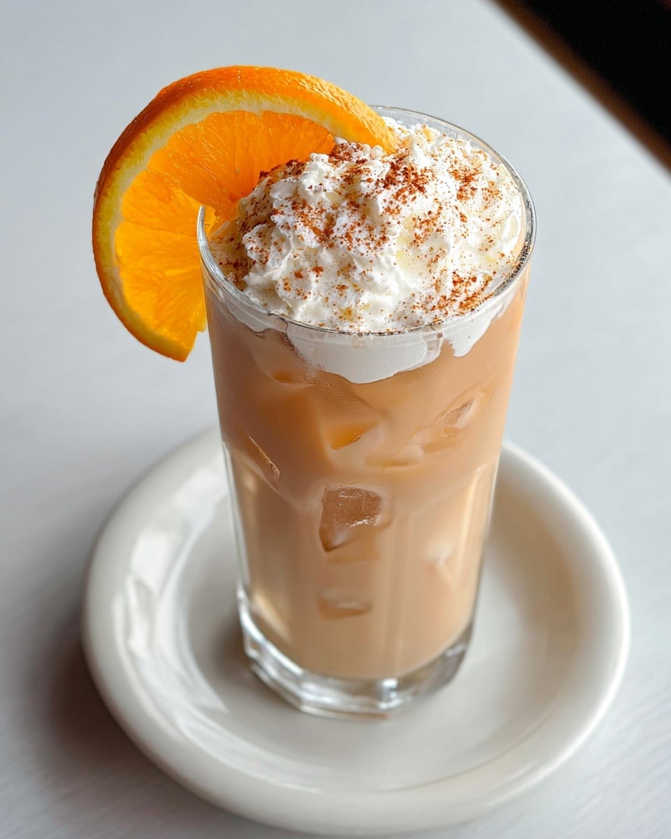 A tall clear glass holds a light brown creamy drink filled with ice cubes visible inside. On top, there is a thick layer of white whipped cream sprinkled with a light dusting of brown powder, likely cinnamon or nutmeg. A bright orange slice is placed on the rim of the glass, adding a pop of color. The glass sits on a white plate, all on a white marbled surface. photo taken with an iphone --ar 4:5 --v 7