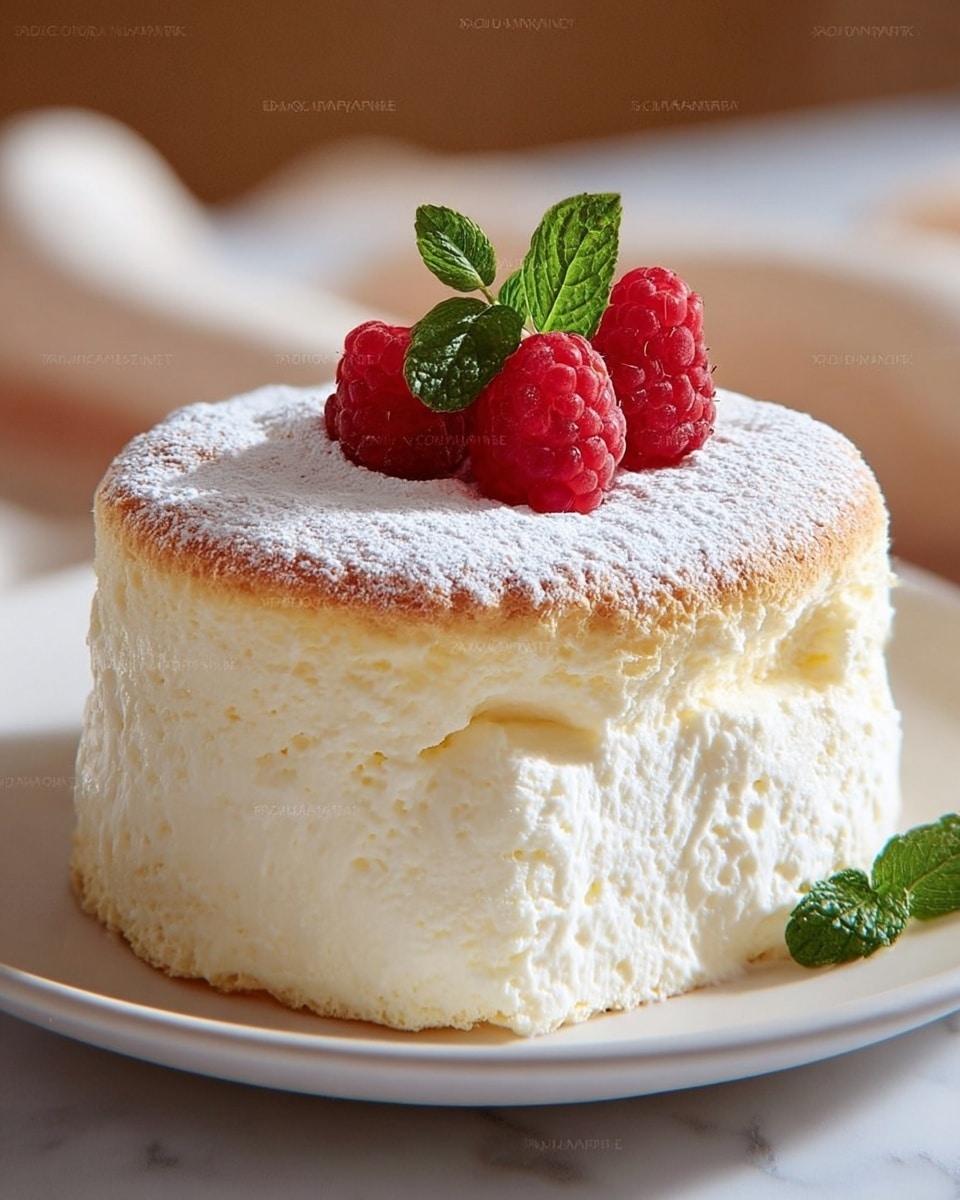 A fluffy, light cake with two main layers is shown on a white plate. The bottom layer is thick and creamy white, looking soft and airy like whipped cream or mousse. The top layer is a thin, golden-brown baked crust lightly dusted with powdered sugar. On top, there are three bright red raspberries and a small sprig of green mint leaves placed in the center. The background has a soft, blurred warm glow with white marbled texture below the plate. Photo taken with an iphone --ar 4:5 --v 7