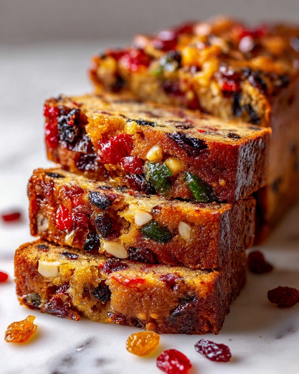 Three thick slices of fruitcake are stacked slightly leaning on each other on a white marbled surface. Each slice reveals a dense, moist texture filled with colorful dried fruits including bright red cherries, dark raisins, green and amber bits, and some white nut pieces scattered throughout the golden brown cake. The top of the loaf behind the slices shows a glossy, slightly sticky finish with more embedded dried fruit visible. Scattered individual dried fruits are placed around the cake on the surface. photo taken with an iphone --ar 4:5 --v 7