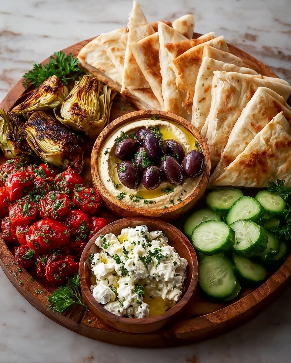 A round wooden platter holds an assortment of fresh Mediterranean foods arranged in layers and sections. At the back, there are triangular pieces of warm, lightly toasted pita bread stacked in a fan shape with a golden-brown color and soft texture. To the left, roasted artichoke hearts with a dark caramelized glaze cover one section. Bright red roasted cherry tomatoes, sprinkled with fresh green herbs, fill the lower left area. In the center, a small wooden bowl of creamy hummus is topped with a drizzle of golden olive oil and sprinkled green herbs. To the right of the hummus, a small wooden bowl overflows with glossy dark purple olives dusted with herbs. Next to the olives, thin pale green cucumber slices with a fresh crisp look are piled neatly. In the lower right, a small wooden bowl with creamy white cottage cheese mixed with chopped green herbs completes the plate. Fresh parsley sprigs add a bright green touch throughout. The platter is set on a white marbled textured surface. photo taken with an iphone --ar 4:5 --v 7