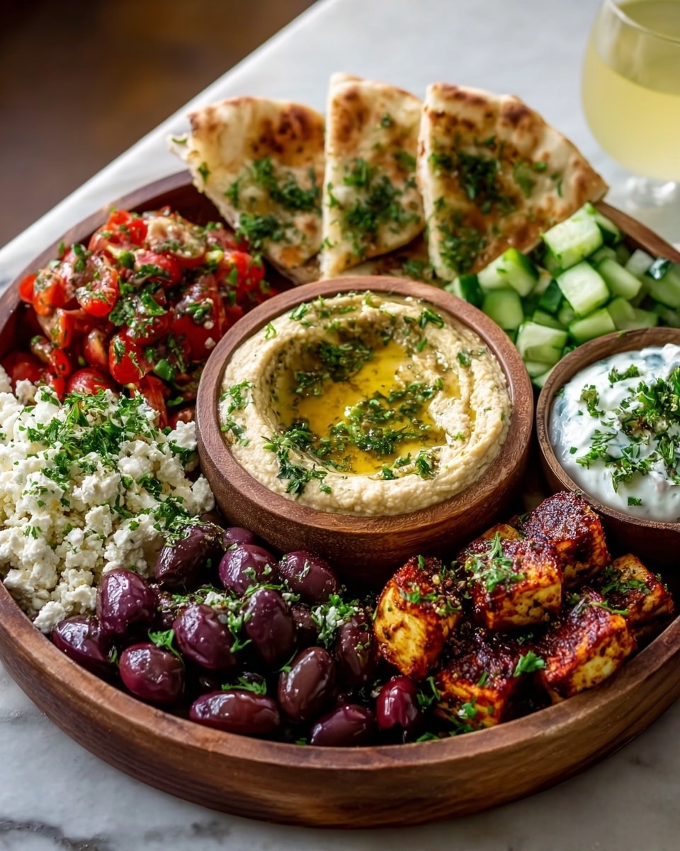 A wooden bowl filled with a colorful Mediterranean platter on a white marbled texture, featuring a central bowl of creamy light beige hummus topped with olive oil and chopped green herbs, surrounded by five distinct sections: soft golden-brown pita bread slices with green herbs leaning at the back, bright red chopped tomatoes mixed with green herbs to the left, white crumbled feta cheese garnished with green herbs below the tomatoes, glossy dark purple Kalamata olives with scattered herbs in the front, spicy reddish-brown grilled paneer cubes sprinkled with herbs to the right, and fresh diced green cucumbers paired with a small bowl of white tzatziki topped with green herbs on the upper right; a glass of light yellow beverage is blurred in the background, photo taken with an iphone --ar 4:5 --v 7