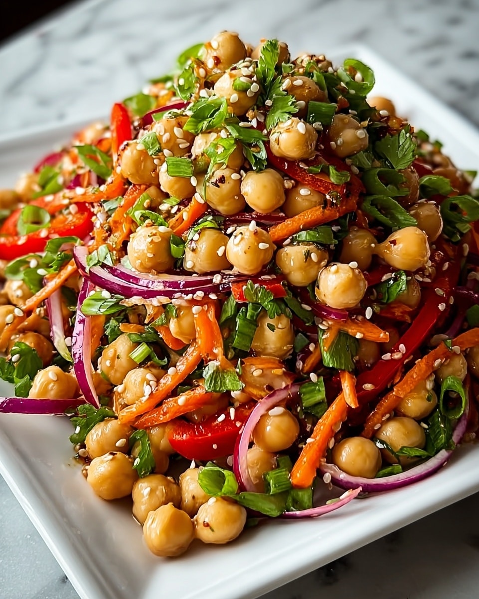 A close-up of a fresh chickpea salad piled in one layer on a square white plate, showing round beige chickpeas as the base layer mixed with thin strips of bright orange carrots and thin slices of purple onion scattered on top. Bright red bell pepper strips and chopped fresh dark green herbs like parsley and scallions add lively color accents throughout the salad. The surface of the salad is lightly sprinkled with small white sesame seeds and has a slight shine from a thin dressing coating. The plate rests on a white marbled textured background. photo taken with an iphone --ar 4:5 --v 7
