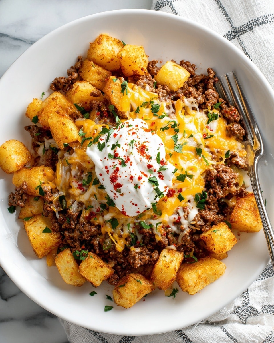 The dish shows a white plate filled with a base layer of golden-brown, crispy potato cubes. On top of this is a thick layer of cooked ground beef, richly browned and mixed with small seasoning bits. Melted shredded yellow and white cheese covers the beef unevenly, creating a gooey texture. A generous dollop of white sour cream sits in the center with small green herb leaves sprinkled over it, and a dash of red powder spices is visible on top. A silver fork rests on the side of the plate, all placed on a white marbled surface. photo taken with an iphone --ar 4:5 --v 7