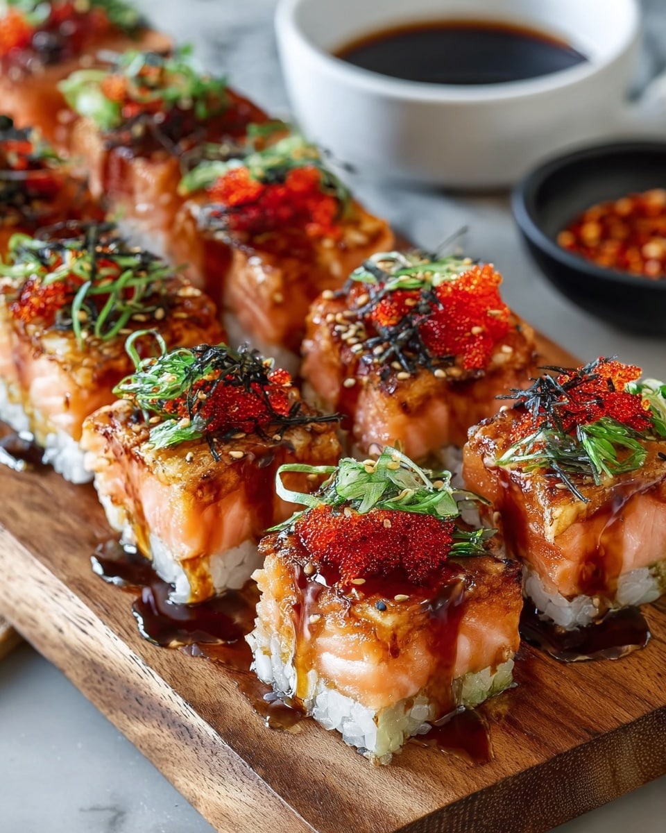 A wooden board holds eight square sushi pieces arranged in two rows, each piece with three layers: a base layer of white rice, a thick middle layer of pink-orange salmon, and a glossy dark brown sauce drizzled on top. The sushi is garnished with bright red fish roe, thin green scallion slices, dark seaweed flakes, and black sesame seeds, adding texture and color contrast. The wooden board sits on a white marbled surface, with a white bowl of dark soy sauce and a black bowl of crushed red pepper visible in the background, blurred but adding depth to the scene. photo taken with an iphone --ar 4:5 --v 7