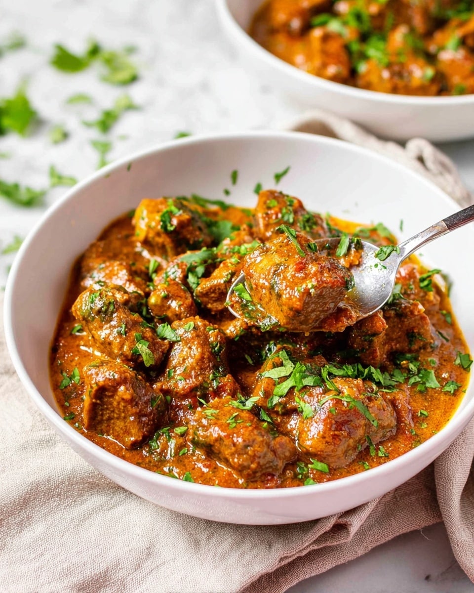 The image shows a white bowl filled with a rich, thick stew made of irregular chunks of tender brown meat coated in a creamy orange-brown sauce. The dish is garnished on top with fresh bright green chopped herbs scattered across. A shiny silver spoon rests inside the bowl, holding a spoonful of the saucy meat and herbs. The bowl is set on a light beige cloth napkin atop a white marbled surface, with small bits of herbs scattered around in the background. Another bowl of the same dish is partially visible in the background. Photo taken with an iphone --ar 4:5 --v 7