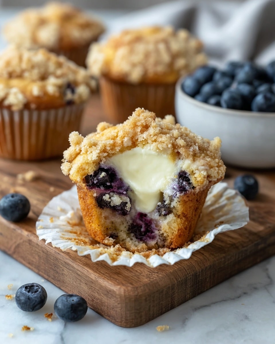 The image shows a close-up of a blueberry muffin with three visible layers: a golden-brown crumbly top layer with a rough texture, a creamy white layer in the center that looks soft and smooth, and a light golden-brown base with baked blueberry spots peeking through. The muffin liner is white and slightly peeled off, placed on a wooden board with scattered crumbs and loose fresh blueberries around it. In the background, there are two more muffins and a white bowl filled with fresh blueberries, all sitting on a white marbled surface. Photo taken with an iphone --ar 4:5 --v 7