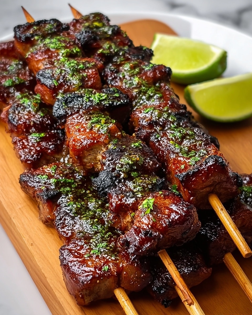 The image shows three wooden skewers with grilled meat pieces stacked on a wooden board placed on a white plate. Each skewer has about seven to eight chunks of meat, charred with a dark brown, slightly blackened crust and glossy from a sauce glaze. The meat pieces are sprinkled with finely chopped green herbs that add a pop of color on top. Behind the skewers, two bright green lime halves sit on the white plate, adding freshness to the scene. The background is a white marbled texture. photo taken with an iphone --ar 4:5 --v 7