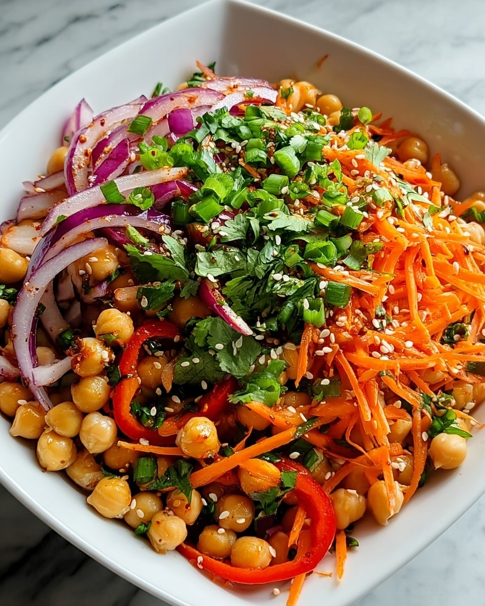 A white square bowl holds a fresh salad with layers starting from a bottom layer of light beige chickpeas, mixed with thin purple-red onion slices and thinly sliced red bell peppers. On top, there are bright orange shredded carrots spread evenly with small green chopped scallions and fresh green cilantro leaves scattered across. The salad is finished with a sprinkling of sesame seeds adding texture and a touch of seasoning, all placed on a white marbled surface. photo taken with an iphone --ar 4:5 --v 7