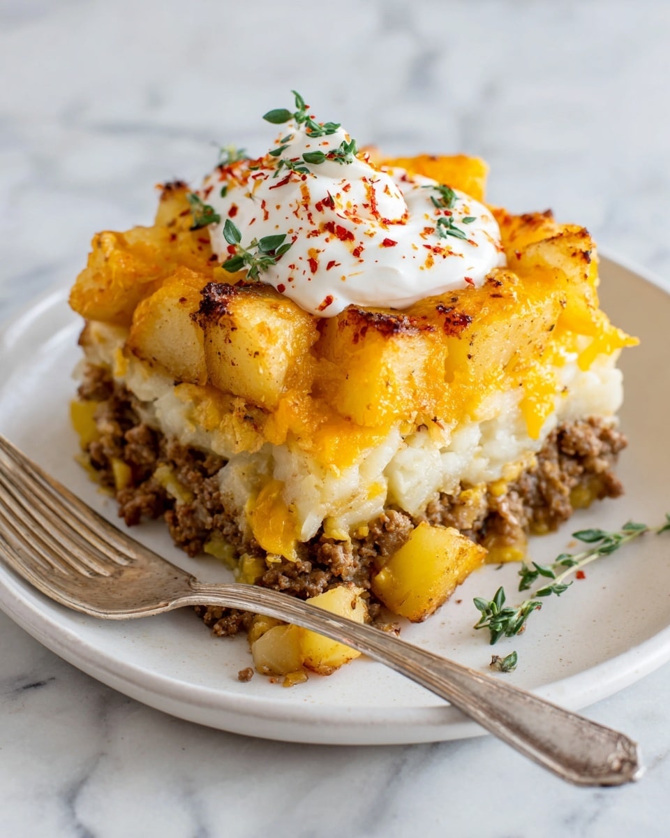 A thick layered dish on a white plate with a base layer of cooked ground beef mixed with diced potatoes, showing a crumbly texture in brown and yellow tones. Above this is a creamy white layer, followed by a top layer of golden brown roasted potato cubes covered in melted bright orange cheddar cheese, which is slightly browned in some spots. On top, a dollop of smooth white sour cream is sprinkled with red chili powder and green thyme leaves, adding fresh green details. A silver fork rests on the edge of the plate, all placed on a white marbled surface. Photo taken with an iphone --ar 4:5 --v 7
