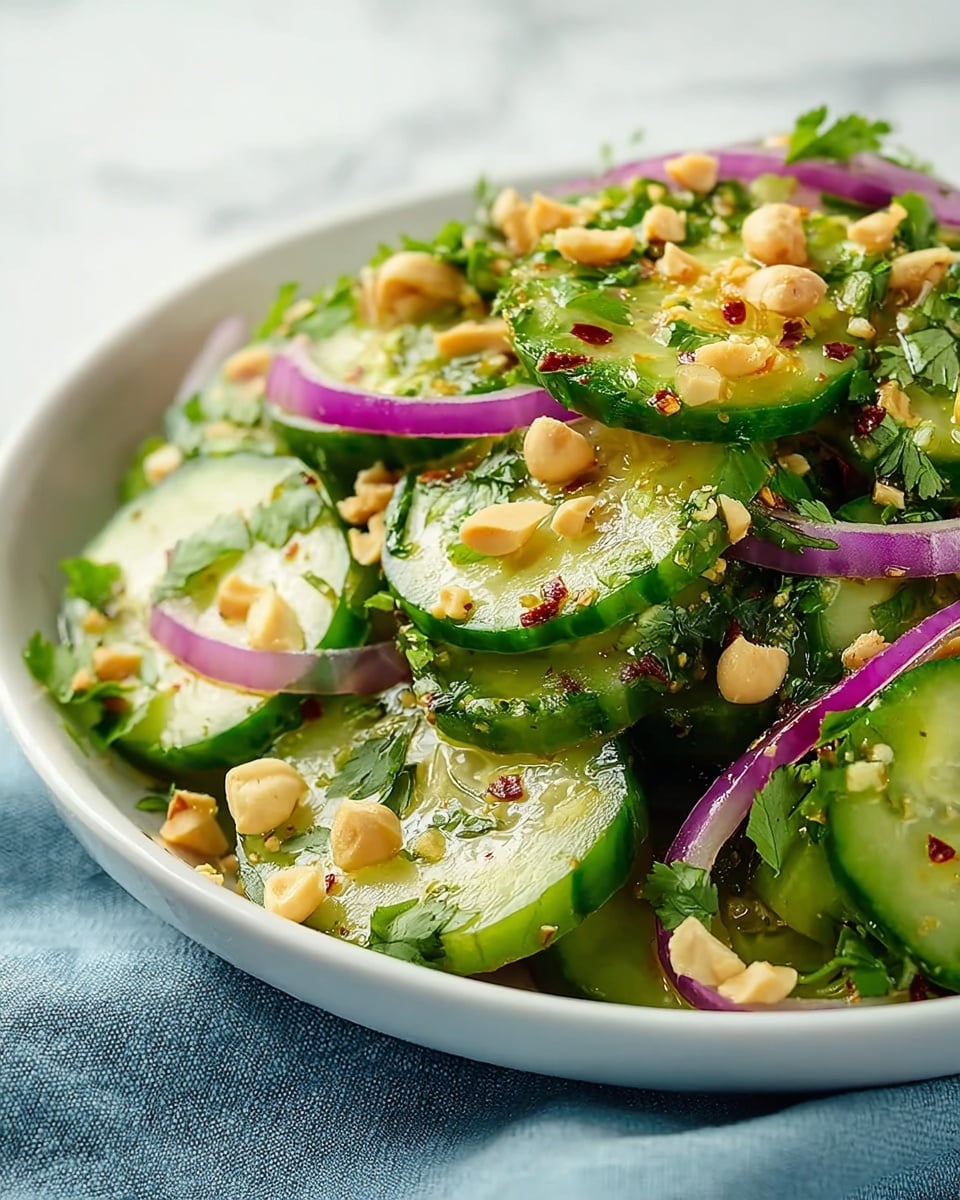 A close-up of a white bowl filled with a green cucumber salad, layered with thin slices of cucumbers that have a fresh, shiny texture, mixed with thin rings of purple-red onion scattered throughout. The salad is garnished with chopped green herbs, likely cilantro, and topped with crushed light brown peanuts. The salad appears to be dressed with a light, glossy sauce with small bits of red chili flakes and minced garlic, giving a fresh and slightly spicy look. The bowl rests on a soft blue cloth, and the background is a white marbled texture. photo taken with an iphone --ar 4:5 --v 7