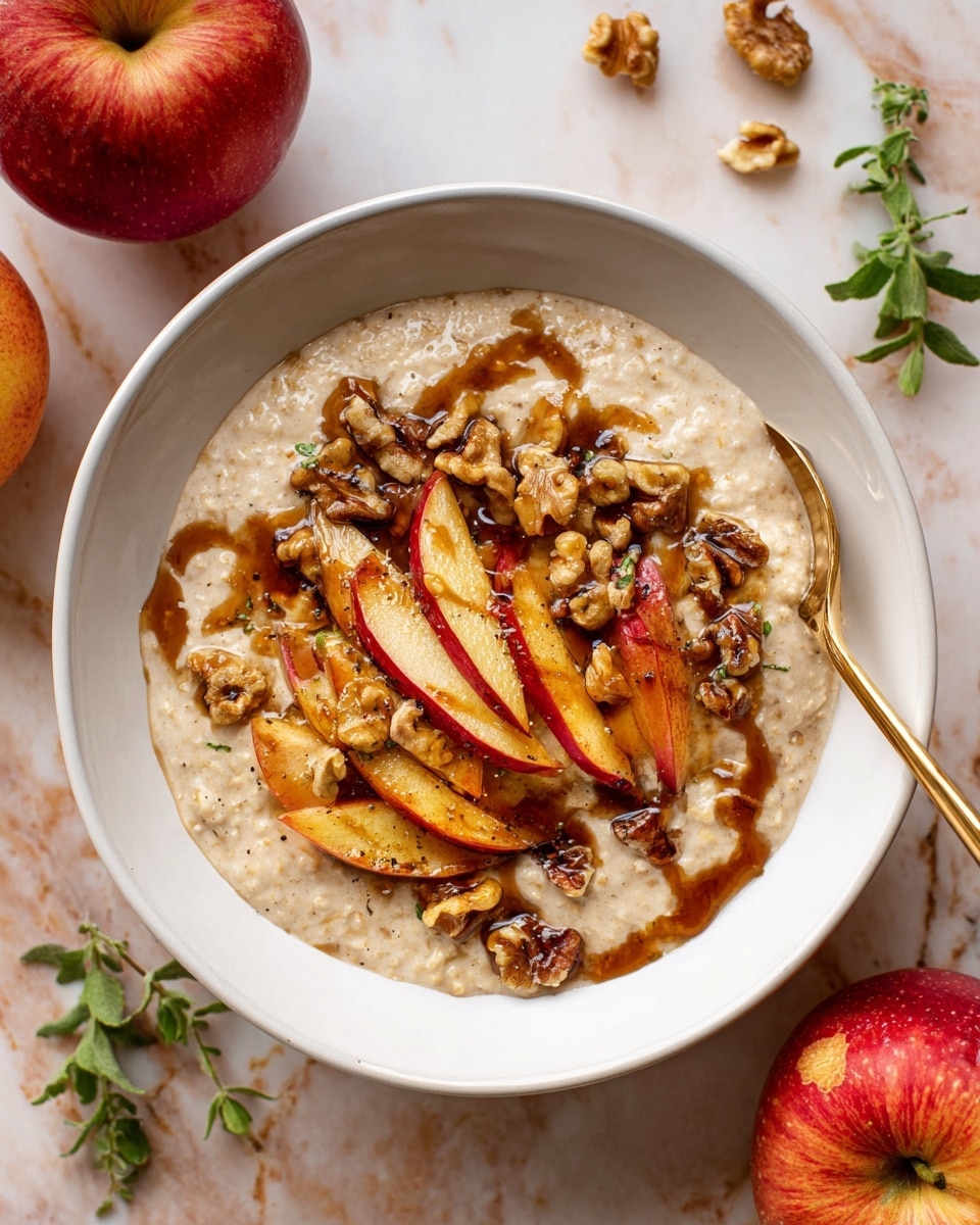 A white bowl filled with creamy oatmeal as the base layer, light beige in color with a smooth, slightly thick texture. On top, there are caramelized apple slices, golden brown with red edges, arranged in the center. Scattered walnuts, light brown with a rough texture, cover the apples. Drizzled over everything is a dark brown syrup or sauce, creating glossy lines and spots. A gold spoon rests inside the bowl on the right side, partly submerged in the oatmeal. The bowl sits on a white marbled surface with scattered small green leaves and two whole red apples nearby. Photo taken with an iphone --ar 4:5 --v 7