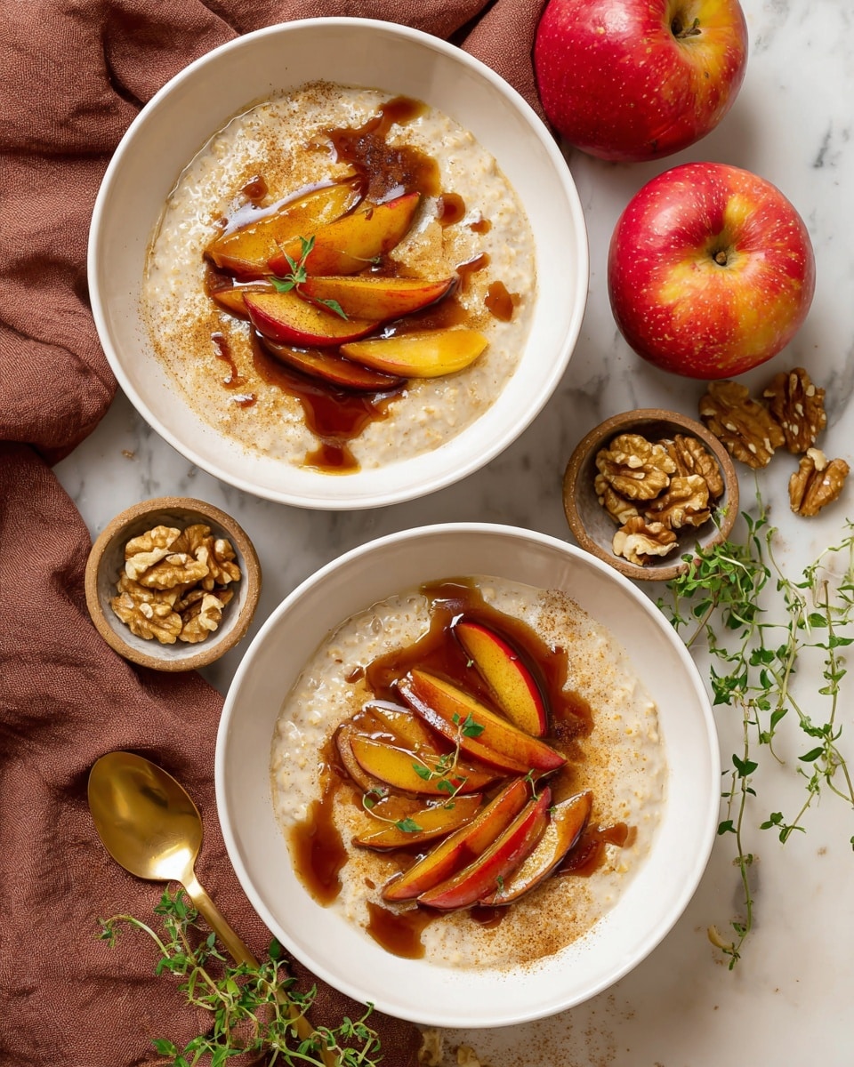 Two white bowls sit on a white marbled surface, each filled with creamy oatmeal as the base layer, light beige in color with a soft, slightly lumpy texture. On top of the oatmeal, there are warm cooked apple slices with red skin and golden flesh arranged in a loose pile in the center of each bowl. A glossy dark brown caramel or syrup is drizzled over the apple slices and around them, creating rich streaks on the oatmeal. A light sprinkling of cinnamon powder adds a subtle speckled orange-brown detail over the entire dish. Around the bowls are fresh red apples, small green sprouts scattered, golden spoons resting nearby, and a small bowl of walnuts adding natural accents. Photo taken with an iphone --ar 4:5 --v 7
