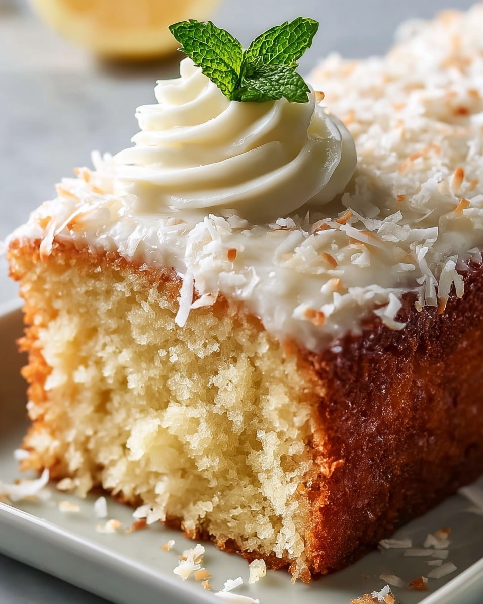 A close-up of a slice of moist coconut cake resting on a white tray. The cake has two visible layers: the bottom layer is light golden with a soft, fluffy texture, and the top layer is slightly darker and covered with a thin, glossy glaze scattered with shredded coconut. On top of the cake, there is a creamy white swirl of frosting crowned with a small fresh green mint leaf. The white marbled surface beneath the tray adds a clean and bright background. Photo taken with an iphone --ar 4:5 --v 7