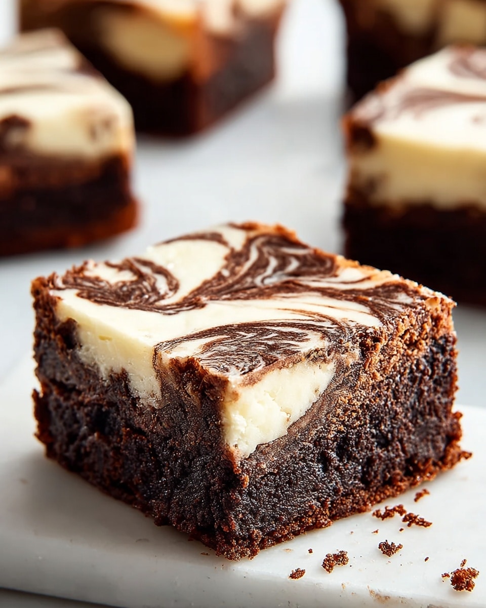 The image shows a close-up of a square brownie with two visible layers on a white marbled surface. The bottom layer is thick, dense, and dark brown with a moist texture. The top layer is creamy white with a smooth texture, featuring dark brown swirls that create a marbled pattern on the surface. The edges of the brownie show a slight crumble, and there are a few crumbs and swirls on the white marbled surface around it. In the background, blurred pieces of the same brownie are visible. photo taken with an iphone --ar 4:5 --v 7