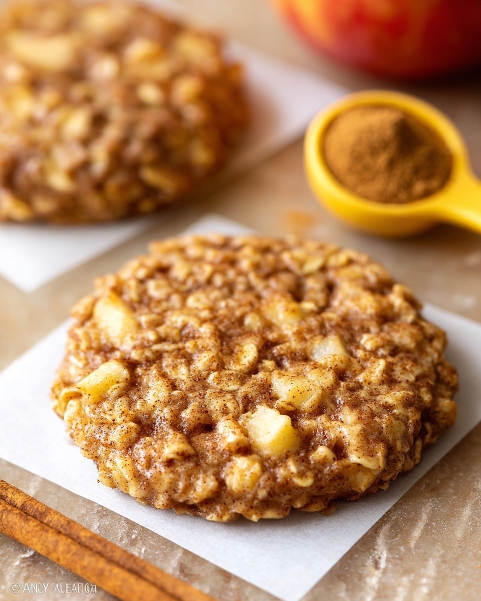 A close-up of two round oatmeal cookies placed on small square pieces of white parchment paper, showing a textured surface with visible oats and small chunks of apple giving a golden brown color with lighter beige bits. A light yellow measuring spoon filled with ground cinnamon powder sits on the bottom left, and a white bowl with small caramel-colored chips is seen in the top right. An apple with a warm red and yellow tone is partially visible in the top background, all set on a white marbled surface. Photo taken with an iphone --ar 4:5 --v 7