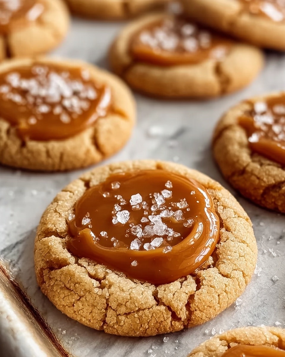 The image shows several golden brown cookies on a baking sheet with a white marbled texture underneath. Each cookie has one layer of soft, slightly cracked dough as the base, topped with a smooth, glossy layer of caramel in the center, which is light brown and spread in an uneven circular shape. The caramel layer is sprinkled generously with coarse, glistening sea salt crystals, adding a textured contrast. The cookies are arranged in a loose cluster, with a close focus on one cookie in the foreground. Photo taken with an iphone --ar 4:5 --v 7