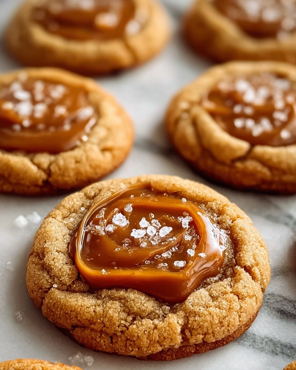 The image shows close-up views of several round cookies on a white marbled surface, each cookie having two layers: a soft, slightly cracked light brown base and a thick, smooth caramel layer spread in the center. The caramel looks glossy and slightly melted, with coarse sea salt flakes sprinkled on top, adding texture and shine. The cookies feel warm and chewy, with a golden-brown color and a slightly darker edge where they baked more. The photo is focused on the foreground cookie, with others softly blurred in the background. photo taken with an iphone --ar 4:5 --v 7