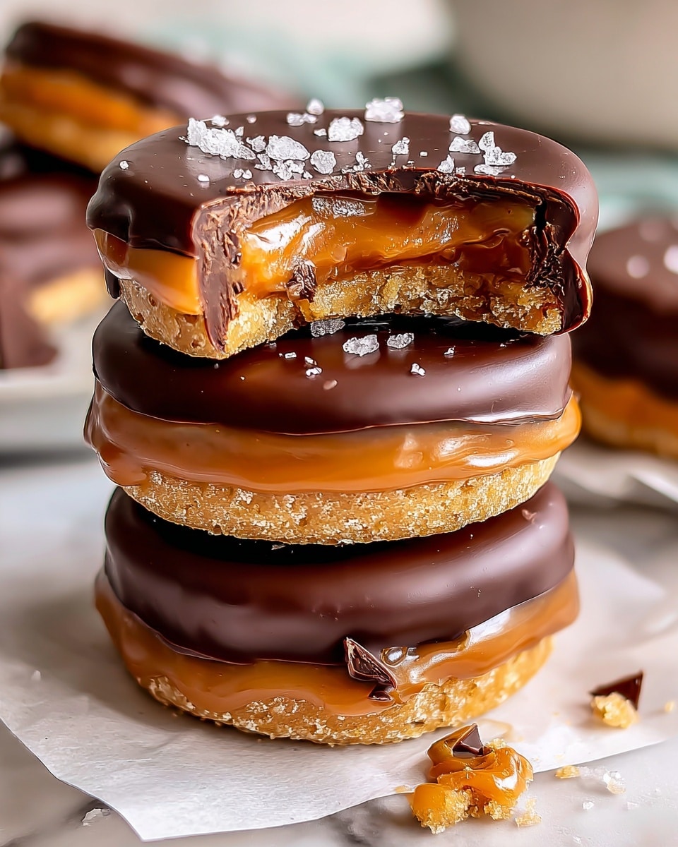 A close-up stack of three round caramel taffy candies coated on top with smooth, shiny dark chocolate. The bottom and middle layers show the golden brown caramel taffy base with a slightly crumbly texture. The top candy is bitten, revealing the soft, chewy caramel center inside and the thick chocolate layer on top that has small flakes of sea salt sprinkled over it. Some broken bits and crumbs of the candies lay scattered on white parchment paper beneath the stack, all placed on a white marbled surface. photo taken with an iphone --ar 4:5 --v 7