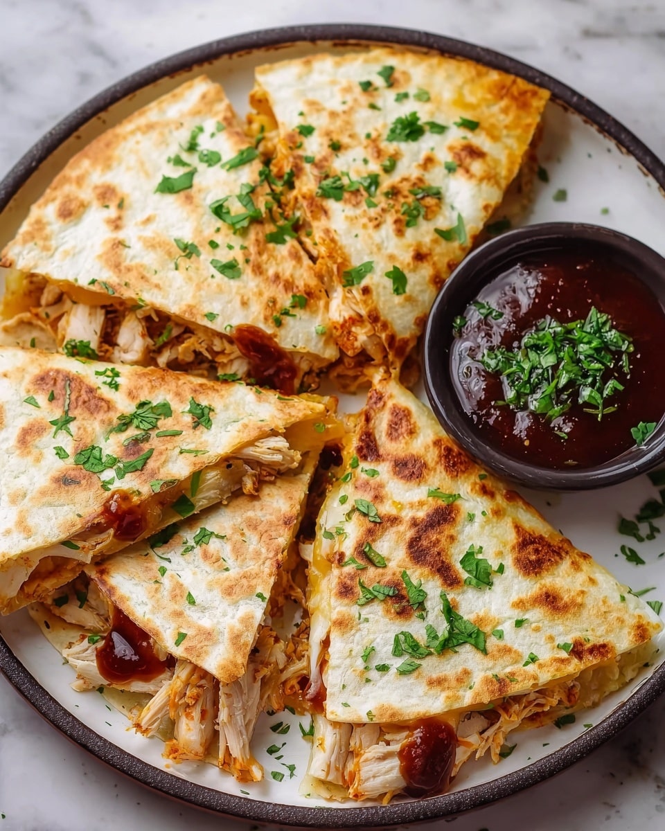 The image shows four triangular quesadilla pieces arranged on a round white plate with a dark rim. Each quesadilla has a golden-brown toasted tortilla on the outside with visible browned spots and is sprinkled with fresh green chopped cilantro. Inside, there are layers of shredded cooked chicken mixed with melted light yellow cheese and dark reddish-brown barbecue sauce, slightly oozing out from the edges. To the side of the quesadillas, there is a small round bowl filled with more dark reddish-brown barbecue sauce topped with chopped cilantro, set against a white marbled surface background. photo taken with an iphone --ar 4:5 --v 7