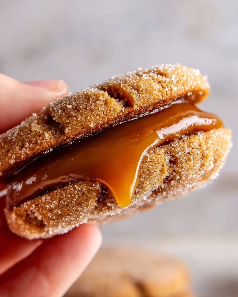 The image shows a close-up of a thick sandwich cookie with two crumbly, light brown layers coated in sugar crystals, holding a smooth, glossy caramel filling in the middle. The caramel layer is shiny and slightly dripping, with a rich amber color contrasting the grainy texture of the cookie layers. A woman's hand is gently holding the cookie from the bottom left corner. The background is a white marbled texture that is softly blurred, giving focus to the detailed textures of the cookie and filling. photo taken with an iphone --ar 4:5 --v 7