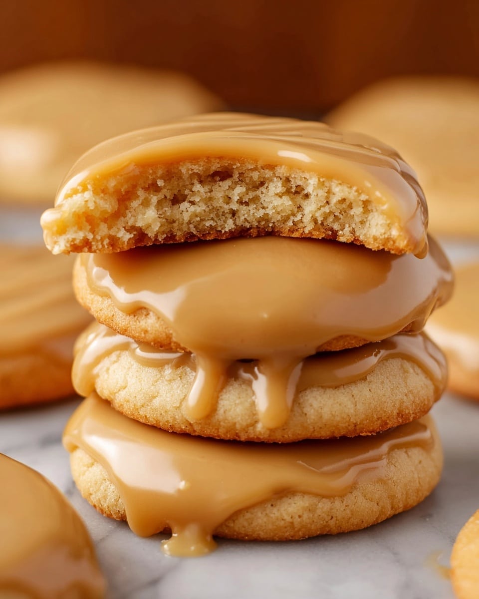 A stack of three soft cookies arranged vertically on a white marbled surface, each cookie coated with a thick, smooth caramel-colored glaze that slightly drips over the edges; the top cookie has a large bite taken out, revealing a light, fluffy, and crumbly inside texture with a golden-brown bottom layer. More similarly glazed cookies are visible blurred in the background. photo taken with an iphone --ar 4:5 --v 7