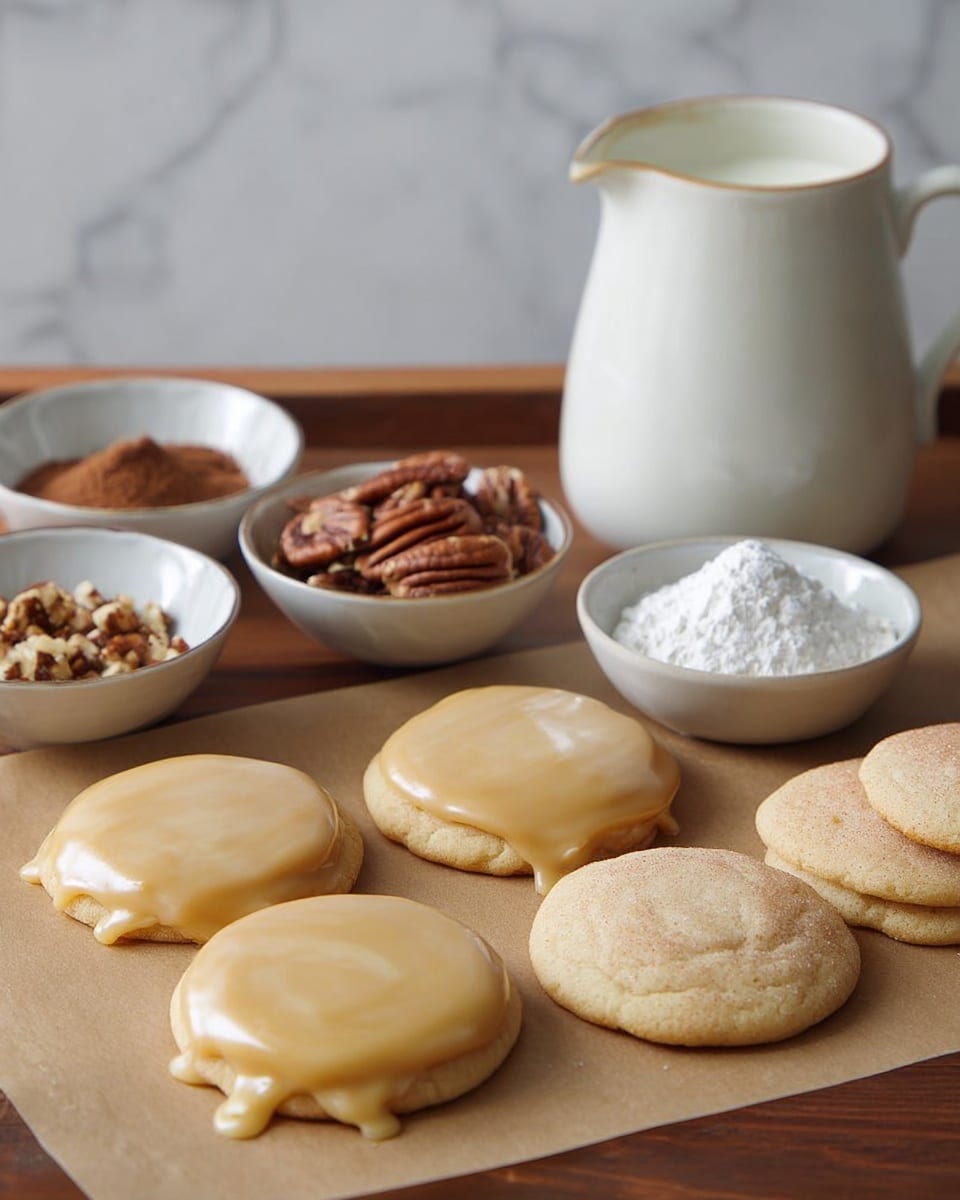 The image shows six round cookies arranged in two rows on brown paper; the top three cookies have a smooth, shiny layer of light caramel-colored icing dripping slightly over the edges, while the bottom three cookies are plain with a light golden-brown color and a soft, slightly rough texture. Behind the cookies, there are three small white bowls, one filled with cocoa powder, one with chopped pecans, and one with a white powder, likely powdered sugar. A white ceramic pitcher filled with milk stands in the background on a wooden surface, all set against a white marbled texture background. photo taken with an iphone --ar 4:5 --v 7