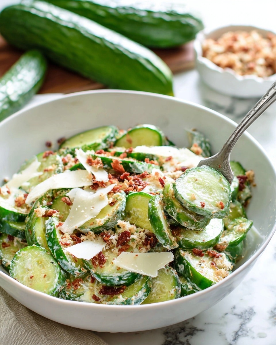 A white bowl filled with a cucumber salad showing many green cucumber slices with a smooth, slightly glossy texture. The salad has several layers, including a creamy white dressing coating the cucumbers, thin off-white cheese shavings scattered on top, and small crunchy red-brown bits sprinkled over everything. A silver fork is placed in the bowl, holding some cucumber slices and cheese shavings. In the background, two whole cucumbers lie on a white marbled surface, with a smaller white bowl filled with more crunchy bits visible nearby. The scene is bright and fresh, photo taken with an iphone --ar 4:5 --v 7