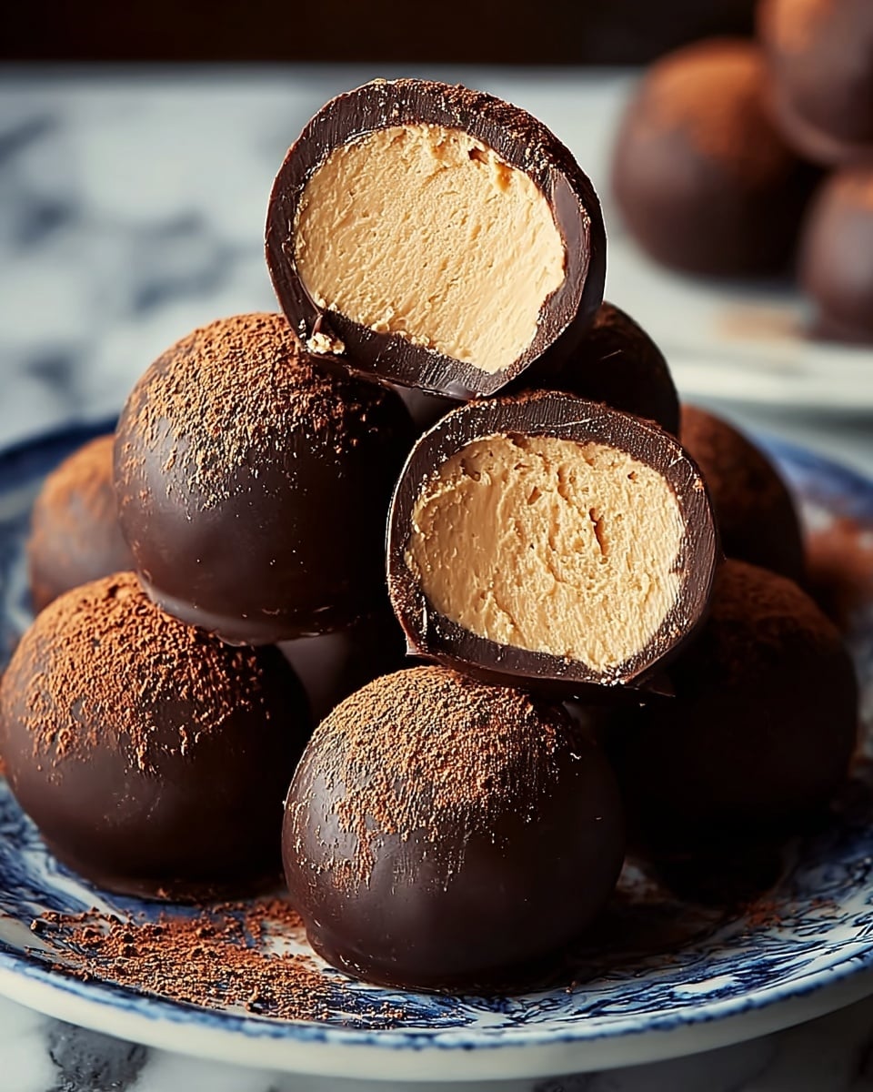 The image shows several round chocolate truffles arranged on a white plate with a blue pattern, placed on a white marbled surface. Each truffle has two layers: a smooth dark chocolate outer shell that is shiny with a slightly rough texture, and a creamy, pale beige inner filling with a soft, slightly grainy texture. Two of the truffles are cut in half and stacked, revealing the contrast between the dark chocolate shell and the light beige filling inside. Some truffles have a light dusting of cocoa powder on top, adding a subtle reddish-brown color. The focus is sharp on the front truffles while the background truffles are softly blurred. photo taken with an iphone --ar 4:5 --v 7
