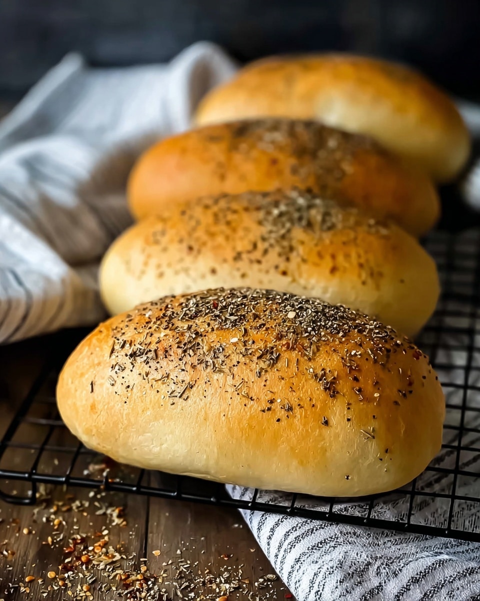 Three freshly baked sandwich rolls rest on a black cooling rack. Each roll is golden brown with a soft, smooth texture and sprinkled generously on top with coarse salt, cracked black pepper, and dried herbs. The rolls have an oval shape with a slight shine on their surface. Crumbs are scattered around the rack on a wooden table covered partially by a white and gray striped cloth. The background is blurred with a dark tone, while the focus is sharp on the rolls in the front. photo taken with an iphone --ar 4:5 --v 7