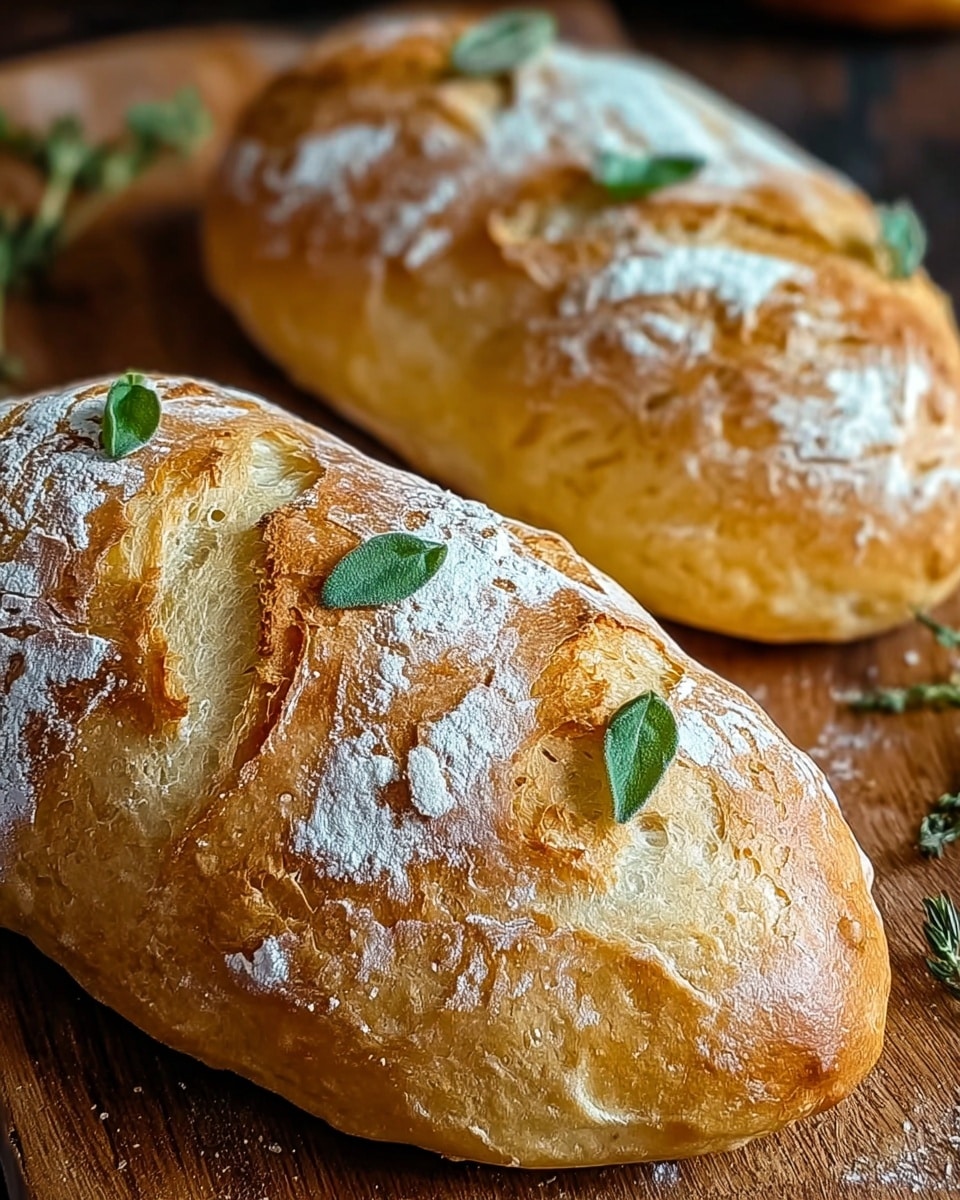 Two freshly baked golden brown loaves of bread rest on a wooden board, each loaf showing a soft, fluffy interior with a crusty, slightly cracked surface dusted with white flour. The top of each loaf has small, fresh green leaves as decoration, adding a touch of color. The bread's crust has a warm, shiny texture with a mix of light and darker golden shades, capturing the rustic and homemade feel. photo taken with an iphone --ar 4:5 --v 7