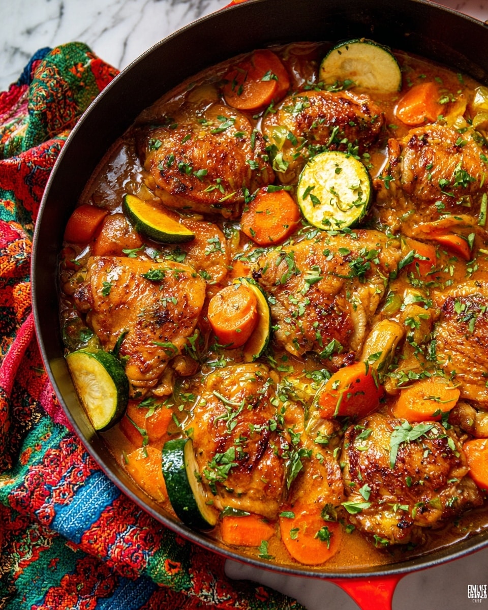 The image shows a red cast iron pan filled with pieces of cooked chicken thighs that are golden brown with a slightly crispy texture. These chicken pieces sit in a rich, orange-brown sauce that looks thick and glossy. Scattered among the chicken are thick slices of bright orange carrots and semi-circular green zucchini pieces. The dish is sprinkled with finely chopped green herbs that add a fresh look. The pan rests on a colorful cloth with red, green, and blue patterns, placed on a white marbled surface. Photo taken with an iphone --ar 4:5 --v 7