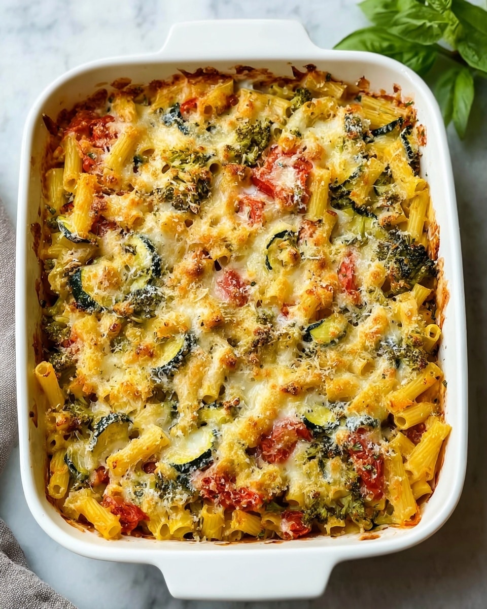 The image shows a white baking dish filled with a baked casserole that has three main layers. The bottom layer consists of yellow cooked pasta shapes mixed with visible pieces of red tomatoes and green zucchini slices. The middle layer is a mix of green broccoli or spinach spread unevenly over the pasta. The top layer is a melted golden-yellow cheese crust with a slightly browned texture and some small patches of grated white cheese scattered across. The edges of the casserole are browned and crispy, and the dish sits on a white marbled surface with a hint of a green herb leaf in the top right corner. photo taken with an iphone --ar 4:5 --v 7