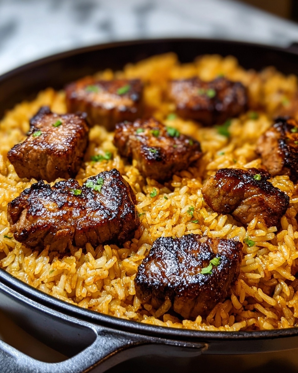 This image shows a close-up of a dish served in a black pan filled with golden brown cooked rice as the base layer, with a slightly glossy texture indicating moisture and seasoning. On top, there are several pieces of browned, grilled meat with a juicy, charred crust, some dotted with small green herbs as garnish. The meat pieces are evenly spaced across the rice, creating a rich contrast of colors and textures between the soft grains of rice and the caramelized, crispy meat edges. The background surface is a white marbled texture. photo taken with an iphone --ar 4:5 --v 7