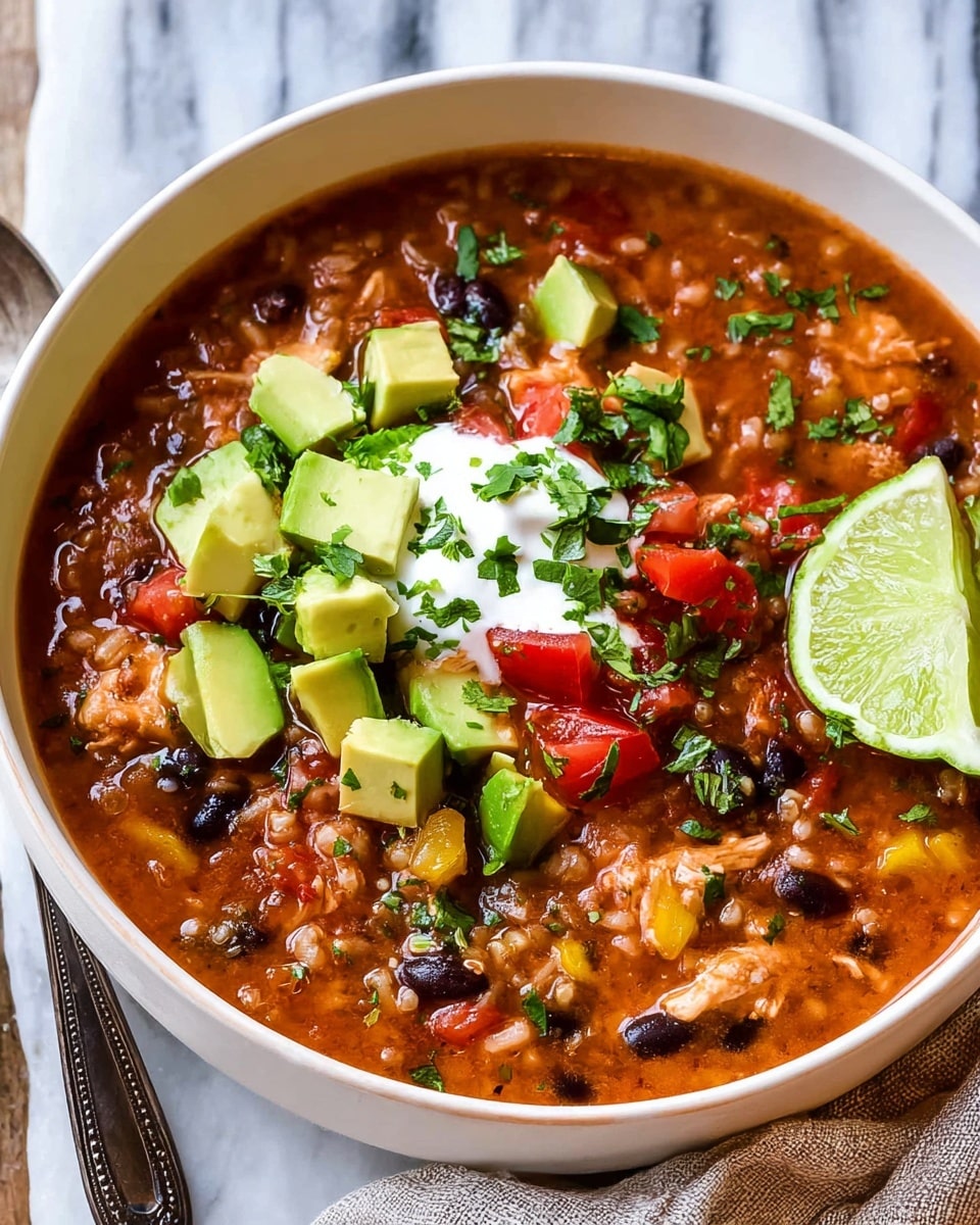 A white bowl holds a thick, chunky soup with a reddish-brown base filled with black beans, rice, small pieces of chicken, and diced vegetables like yellow and red bell peppers. On top, there are fresh toppings with bright green avocado cubes, red tomato pieces, a dollop of white sour cream, chopped green cilantro, and a fresh lime wedge placed near the edge. The bowl sits on a white marbled surface, and a cloth napkin is partially visible near the bottom right corner. photo taken with an iphone --ar 4:5 --v 7